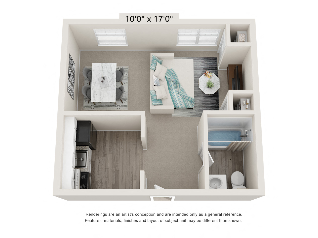 Floor plan for studio, 1 bath, 380 sqft